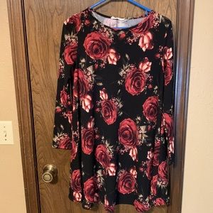 Again Swing Dress, Black and Floral, Small